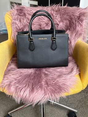 Michael Kors Black Leather Satchel with Gold-Tone Logo
